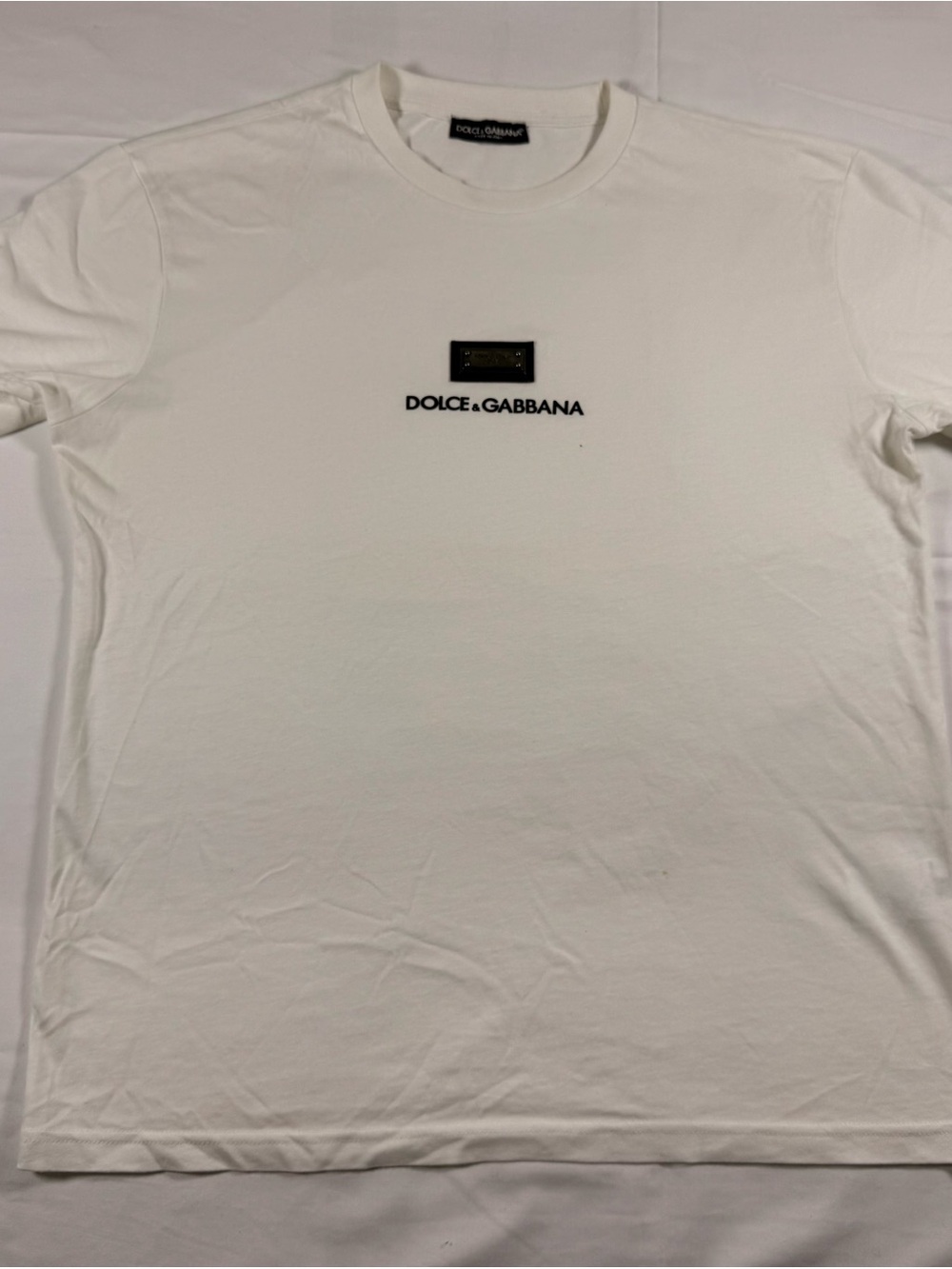 Dolce & Gabbana White Crewneck T-Shirt with Black Logo Plaque